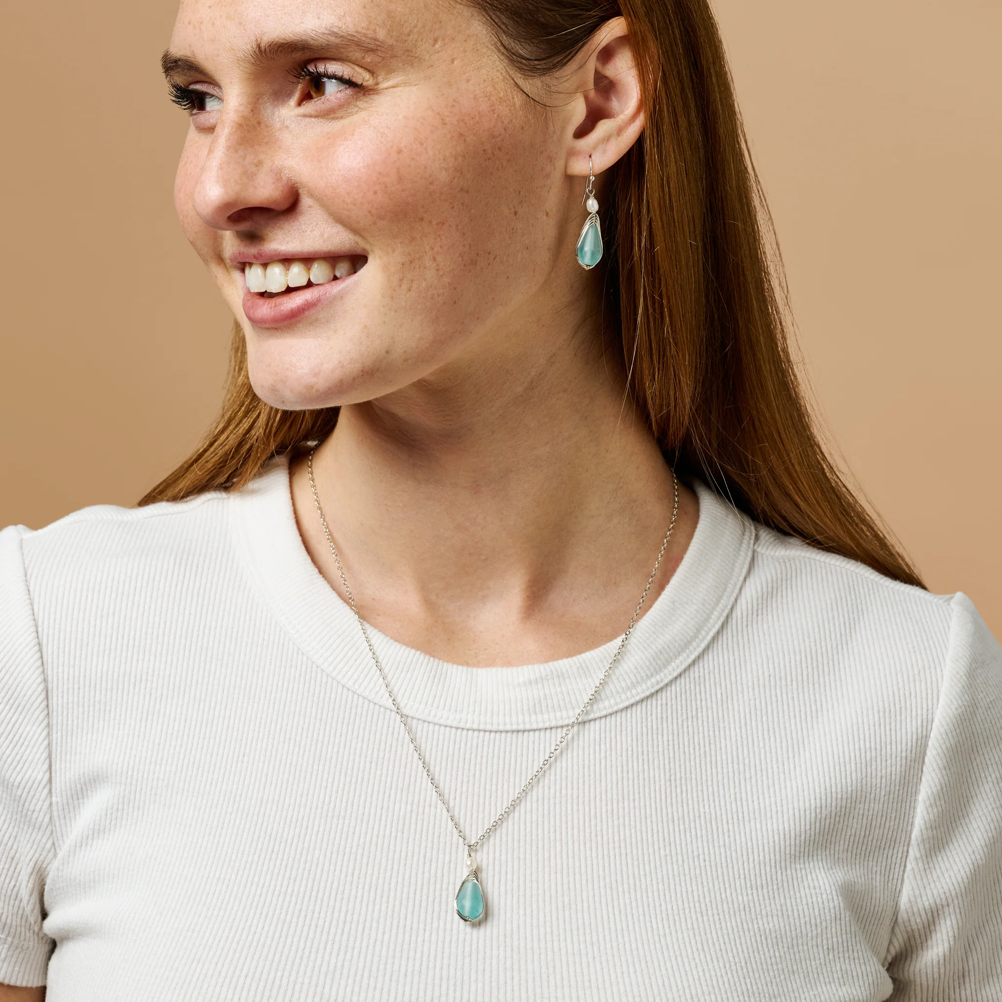 Aqua Pearl Silver Drop Earrings - Image 2