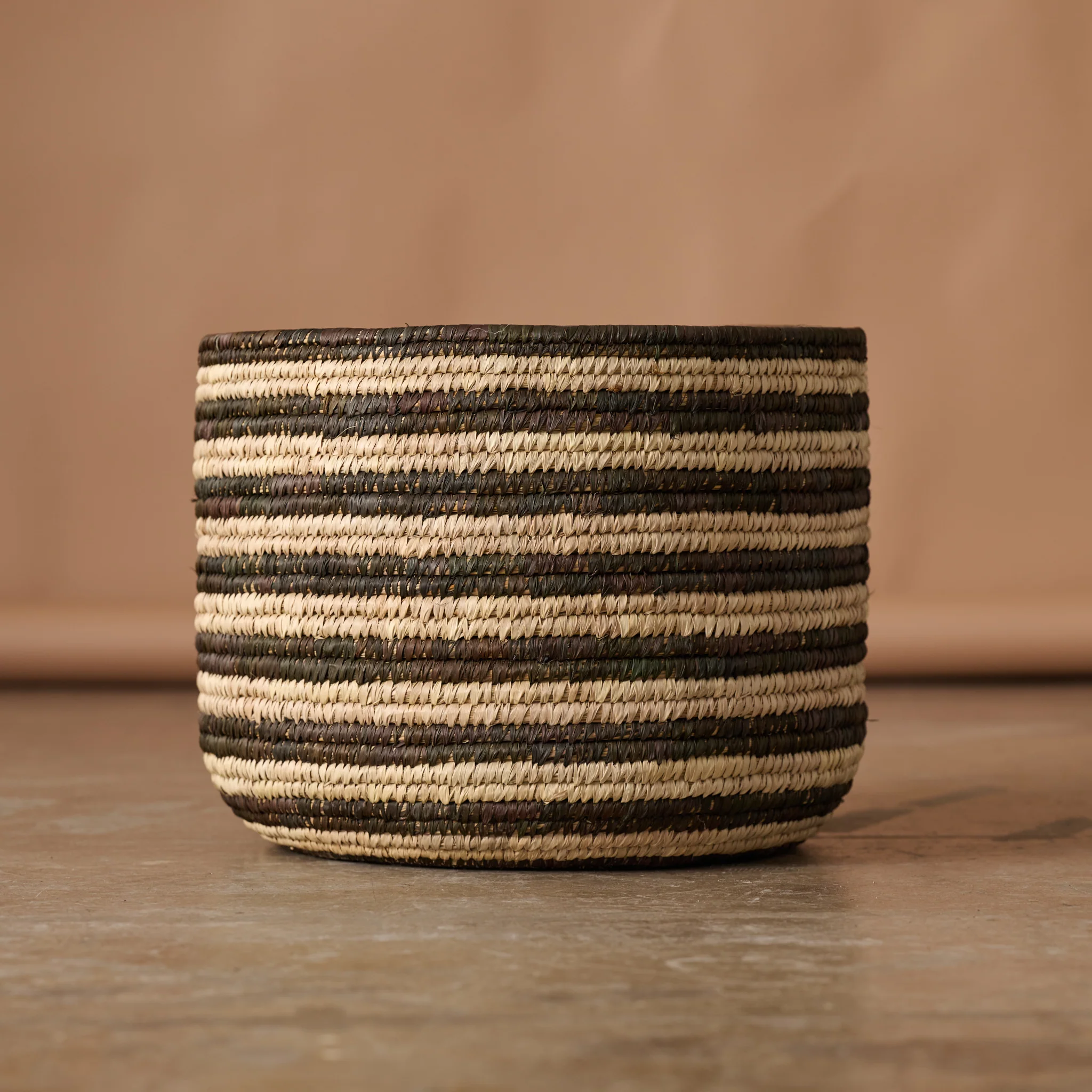 Brown Striped Palm Leaf Basket 17"