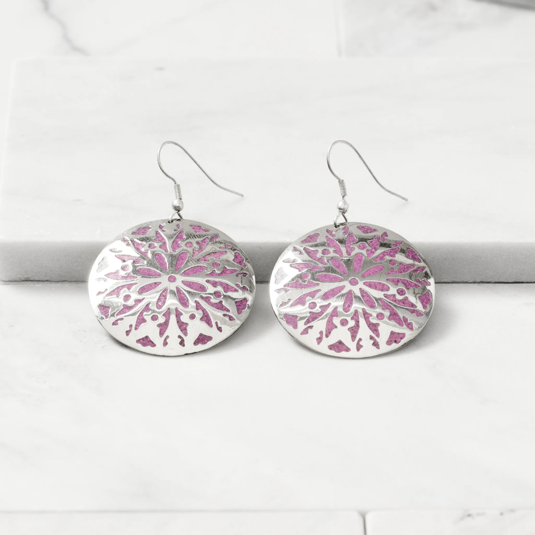 Etched Silver & Purple Medallion Earrings - Image 2