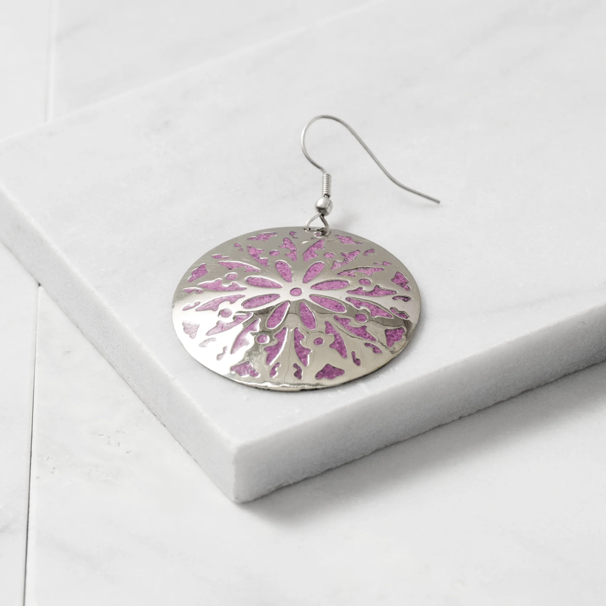 Etched Silver & Purple Medallion Earrings - Image 3