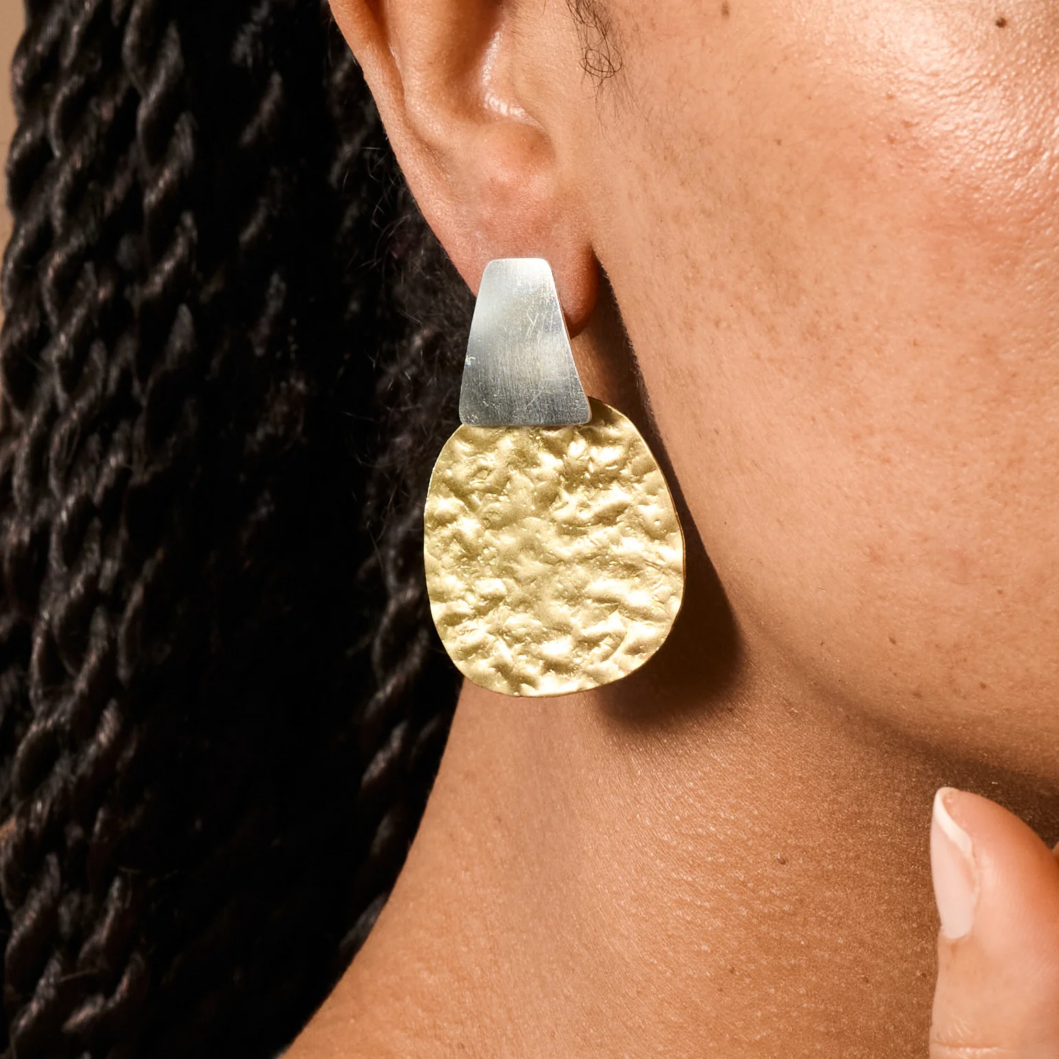 Kajal Hammered Brass Post Earrings - Image 3