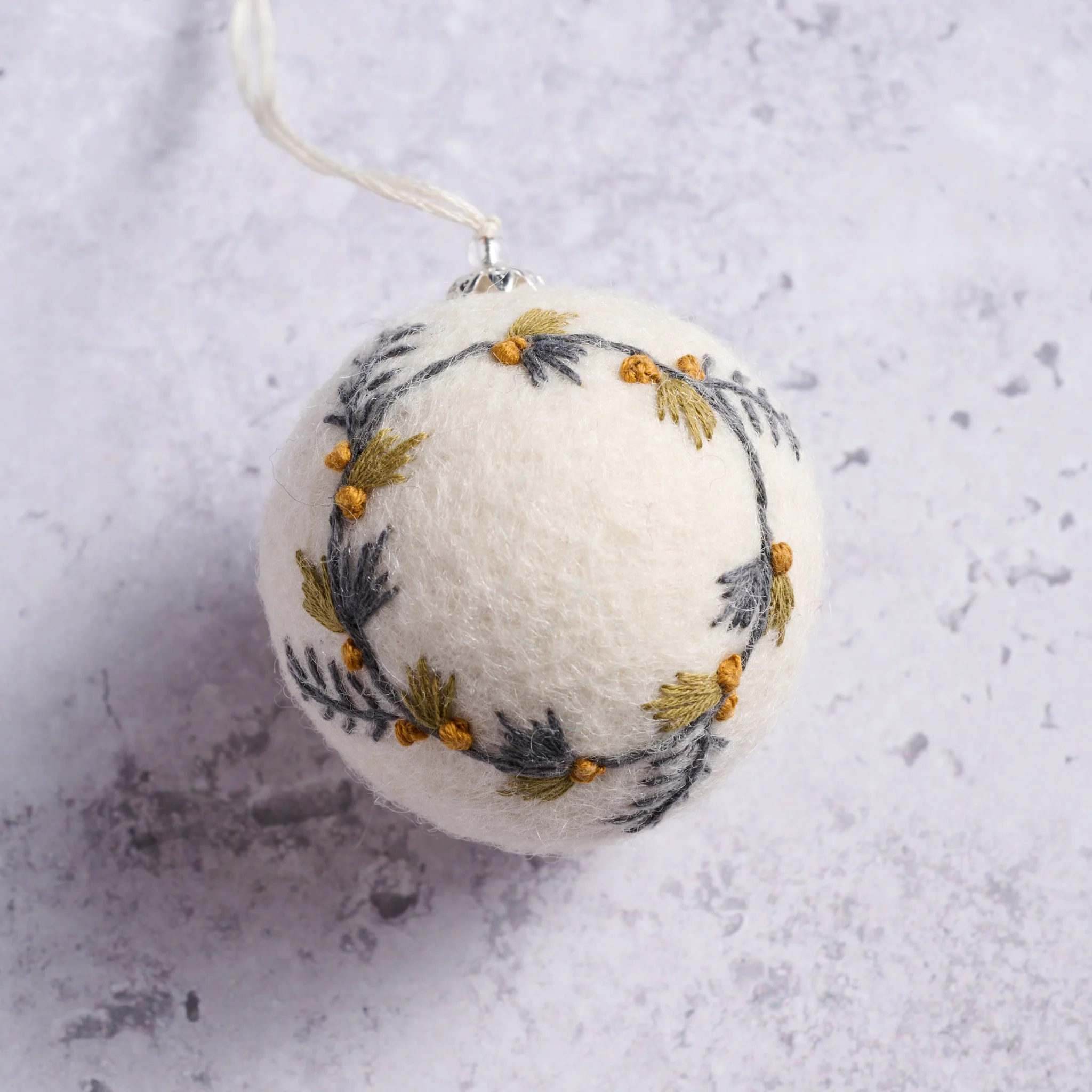 Lovely Wreath Embroidered Felt Ball Ornament - Image 3
