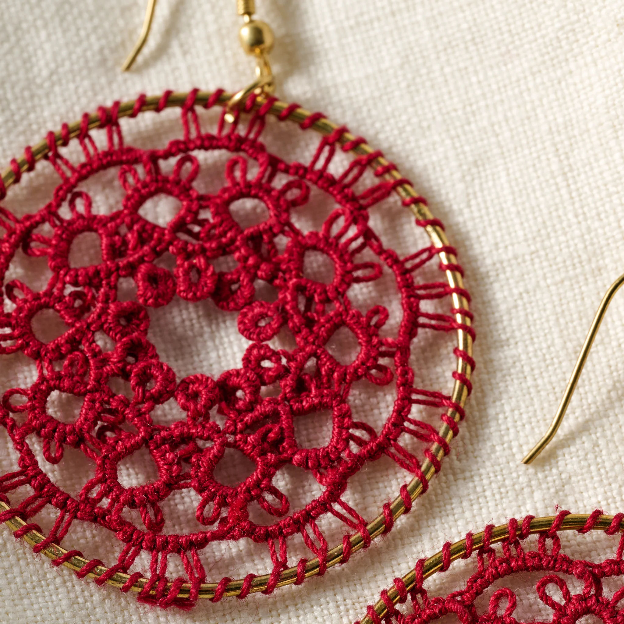 Red Medallion Tatted Drop Earrings - Image 3